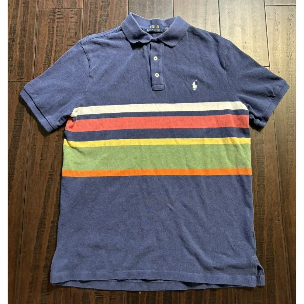 Polo Ralph Lauren Shirt Mens M Striped Short Sleeve Navy Blue Green White Preppy